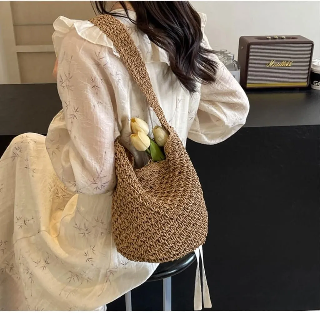 Large capacity Bag Simple and Casual Straw Handbag: Enjoy a Carefree Life Ladies shoulder Bag(Brown)