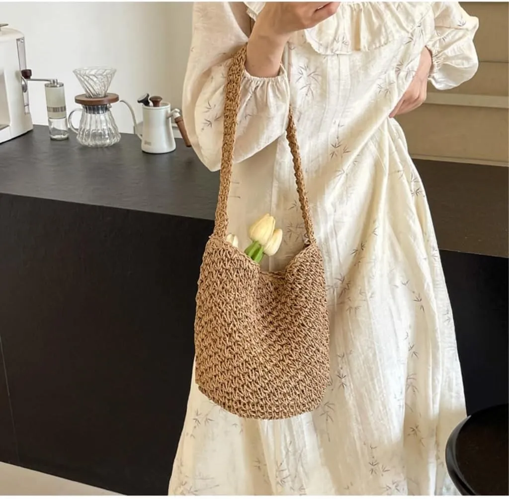 Large capacity Bag Simple and Casual Straw Handbag: Enjoy a Carefree Life Ladies shoulder Bag(Brown)