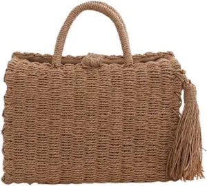 Large capacity Bag Simple Straw Square Handbag with Tassels: Enjoy Natural Ambiance Ladies shoulder Bag