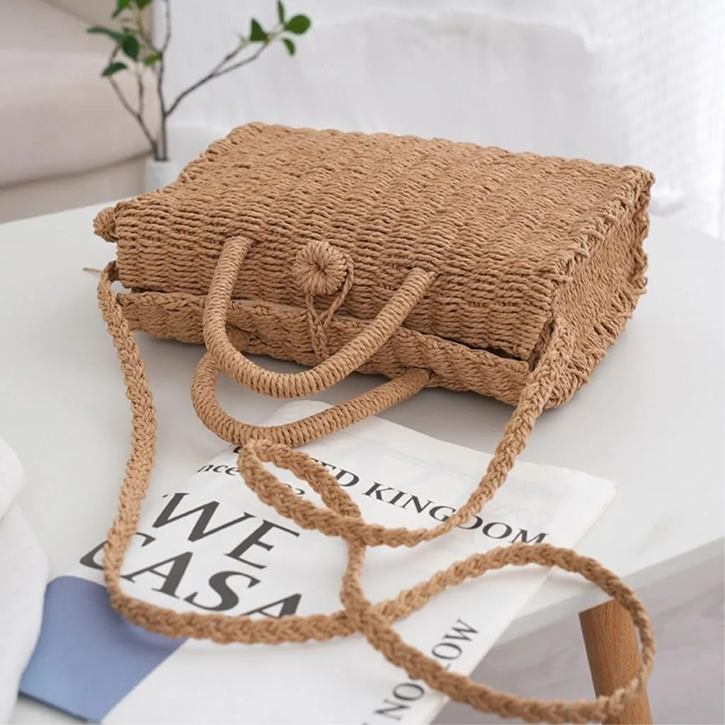 Large capacity Bag Simple Straw Square Handbag with Tassels: Enjoy Natural Ambiance Ladies shoulder Bag
