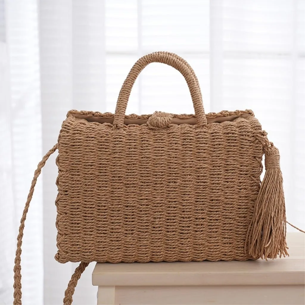 Large capacity Bag Simple Straw Square Handbag with Tassels: Enjoy Natural Ambiance Ladies shoulder Bag