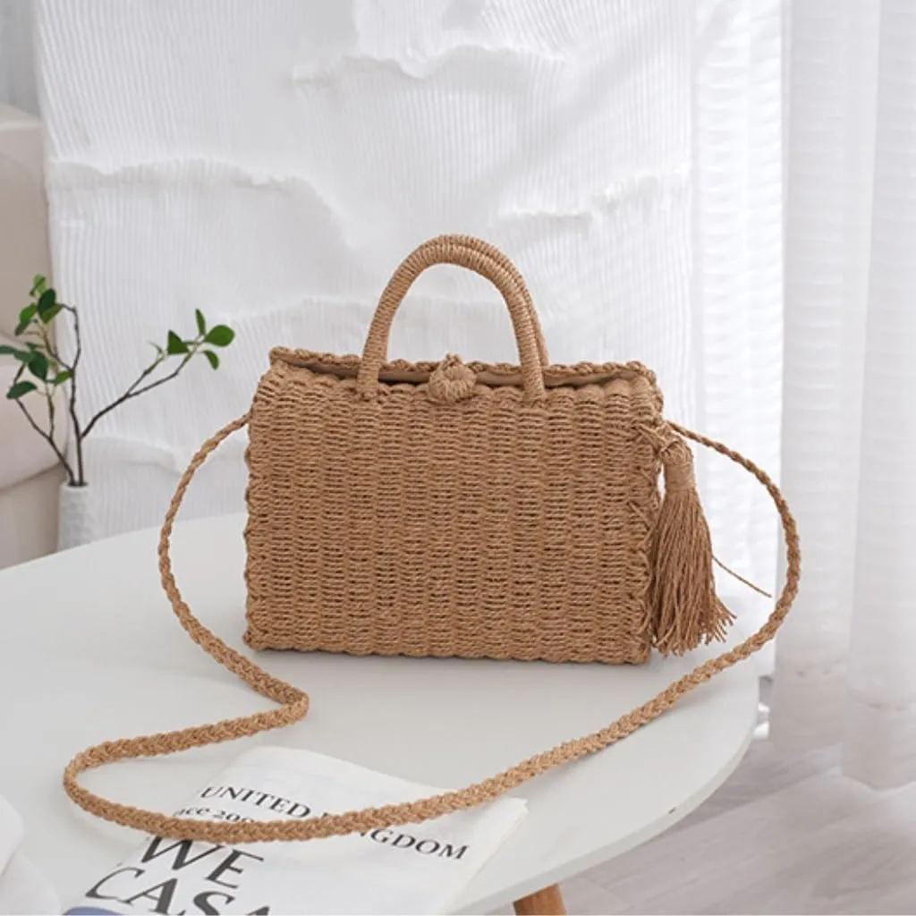 Large capacity Bag Simple Straw Square Handbag with Tassels: Enjoy Natural Ambiance Ladies shoulder Bag