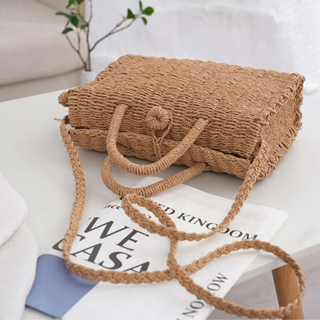 Large capacity Bag Simple Straw Square Handbag with Tassels: Enjoy Natural Ambiance Ladies shoulder Bag