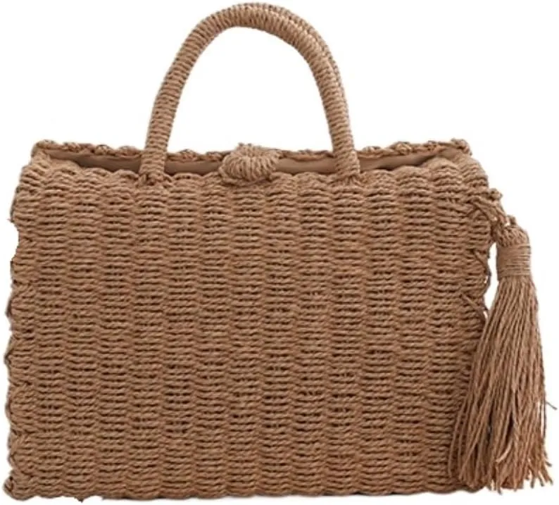 Large capacity Bag Simple Straw Square Handbag with Tassels: Enjoy Natural Ambiance Ladies shoulder Bag