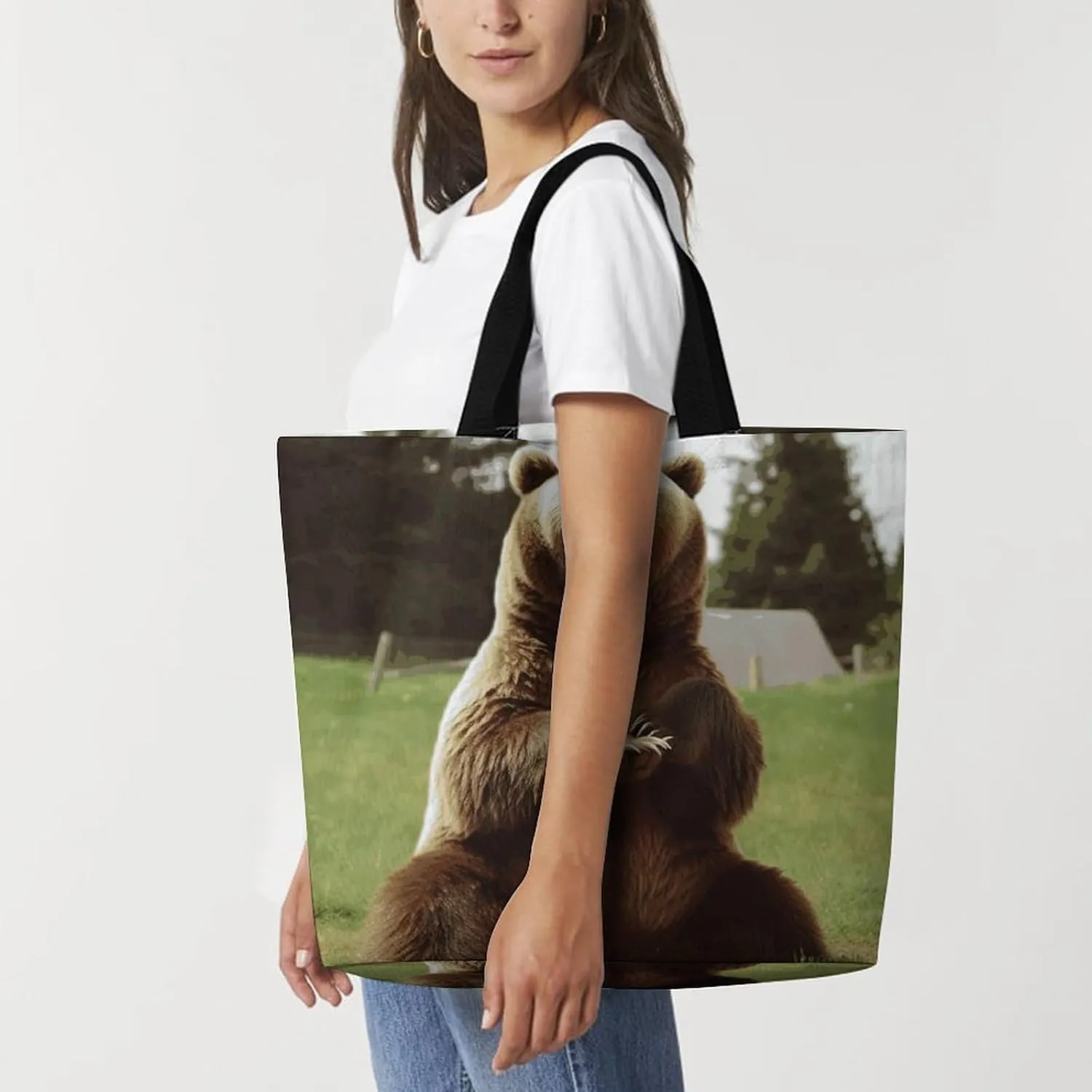 Large Capacity Shopping Bag French Bulldog Puppy with Camera Canvas Grocery Bags Foldable Tote Bag