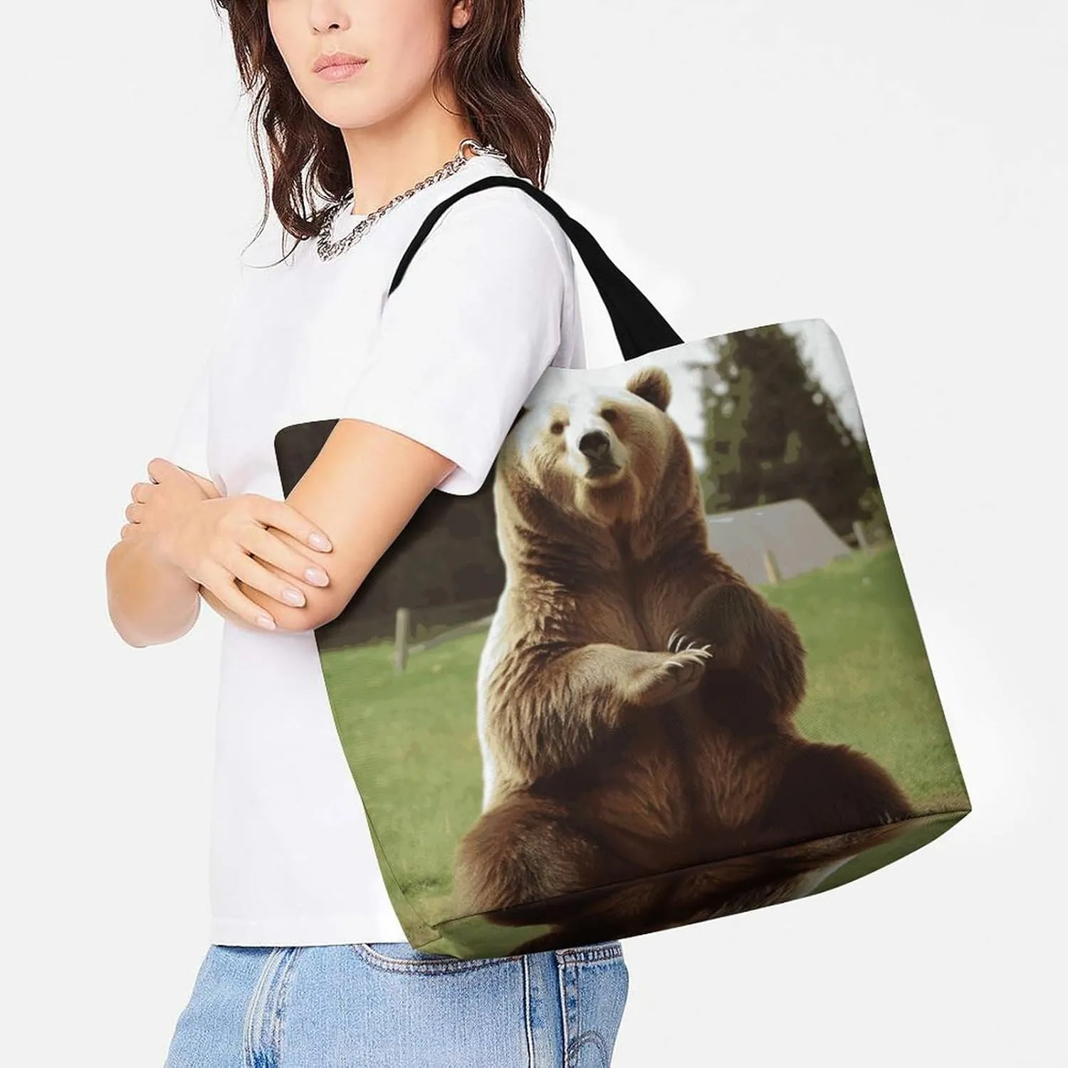 Large Capacity Shopping Bag French Bulldog Puppy with Camera Canvas Grocery Bags Foldable Tote Bag