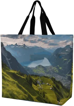 Large Capacity Shopping Bag Switzerland Alps Canvas Grocery Bags Foldable Tote Bag