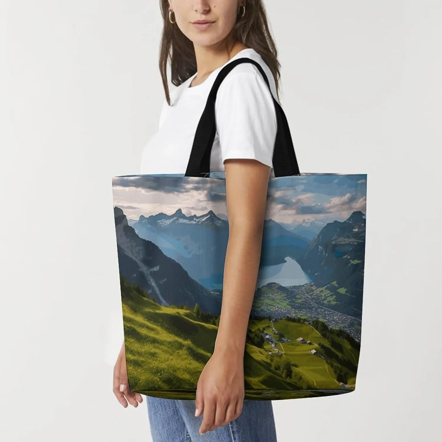 Large Capacity Shopping Bag Switzerland Alps Canvas Grocery Bags Foldable Tote Bag