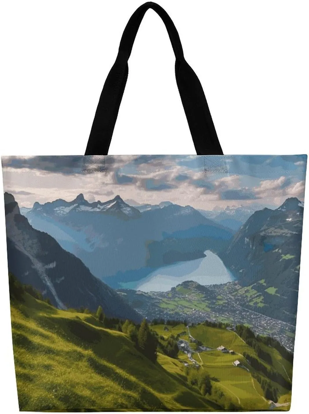 Large Capacity Shopping Bag Switzerland Alps Canvas Grocery Bags Foldable Tote Bag