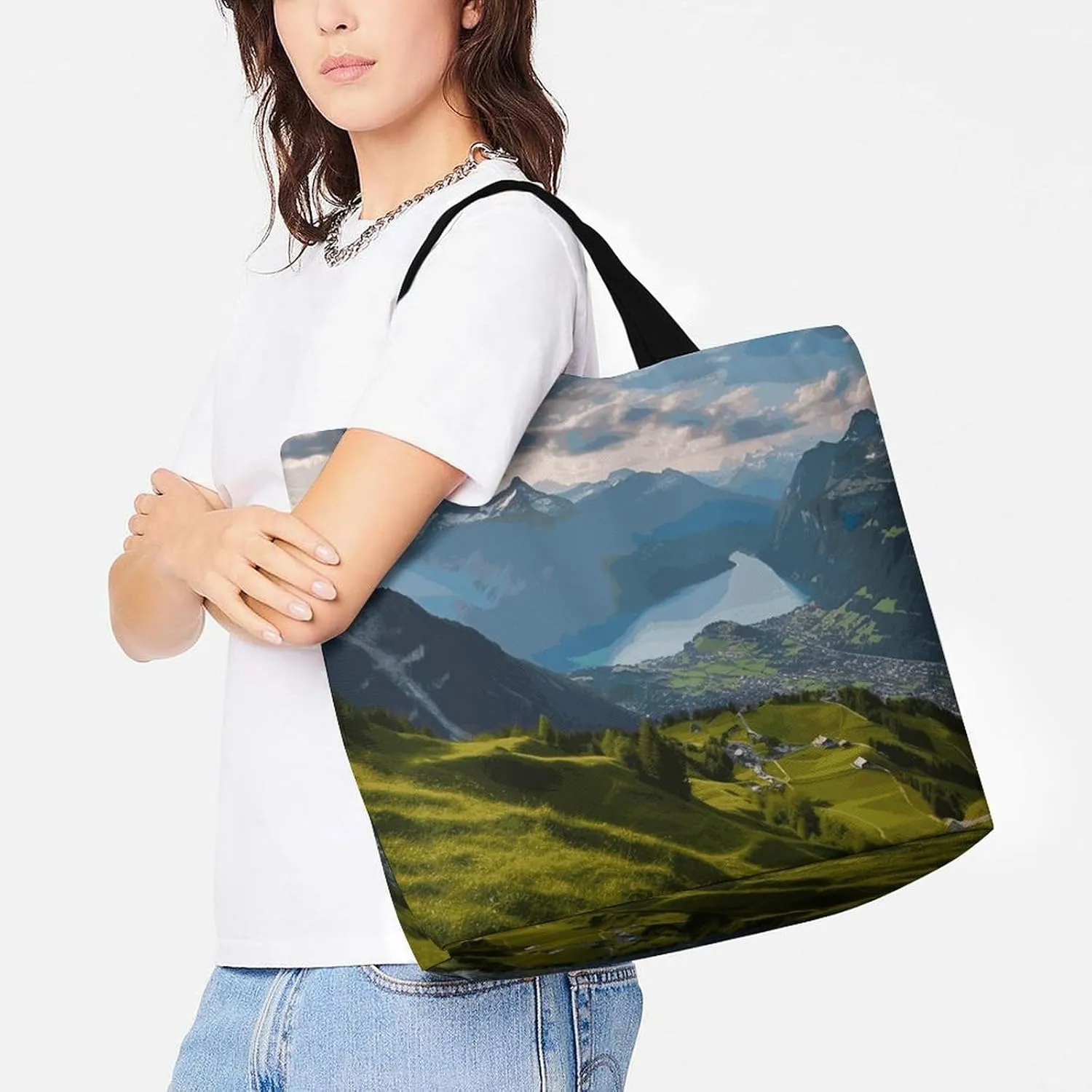 Large Capacity Shopping Bag Switzerland Alps Canvas Grocery Bags Foldable Tote Bag