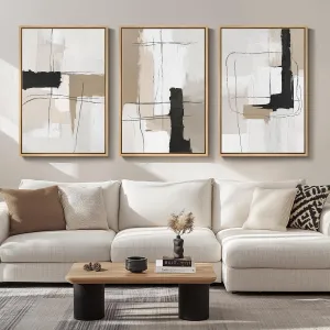 Large Framed Neutral Abstract Wall Art for Living Room, 3 Piece Black White Beige Canvas Prints Paintings Artwork for Walls, Modern Minimalist Abstract Block Lines Pictures for Hallway Stair Office Wall Decor 24x36 In