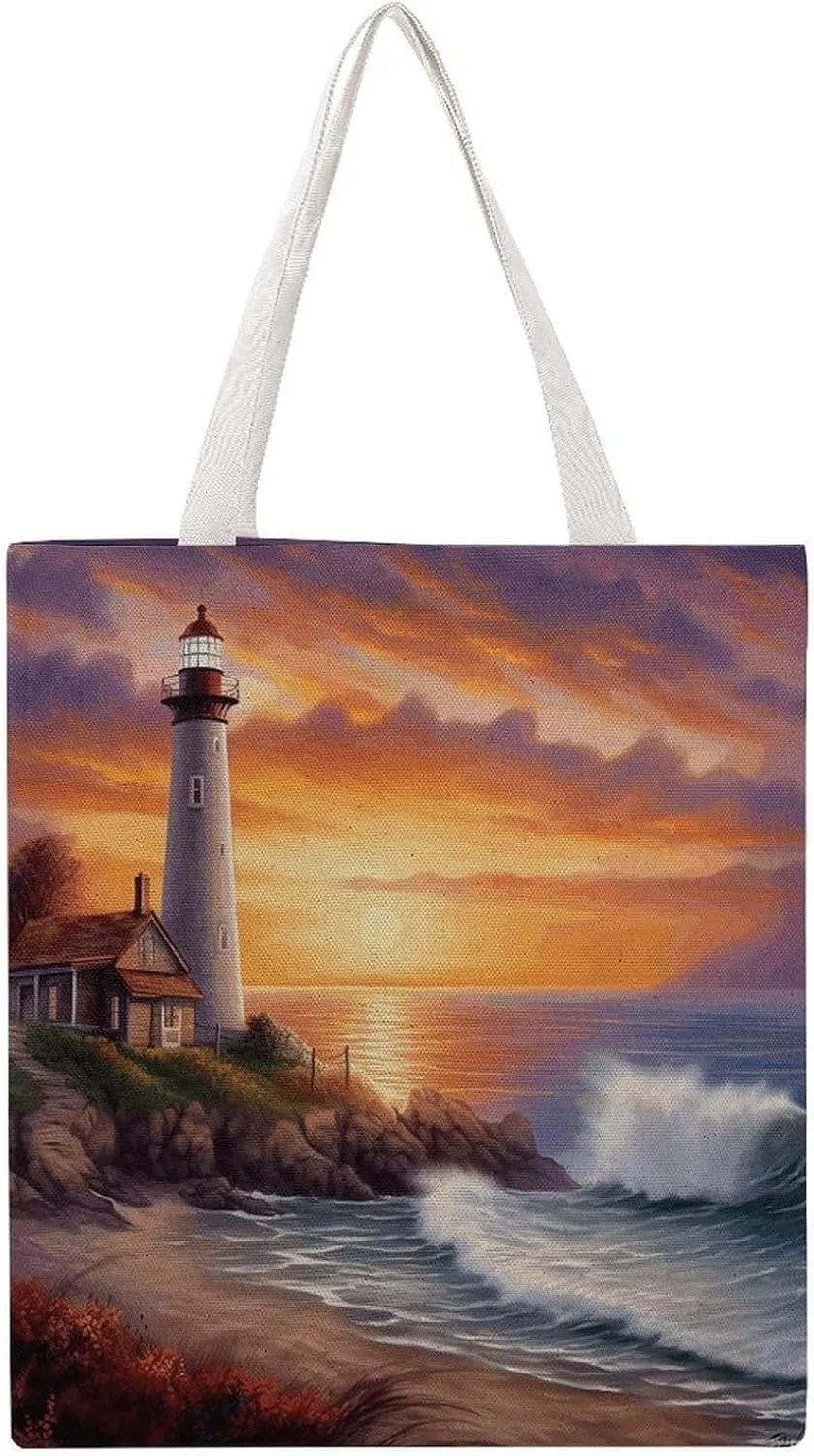 Large Grocery Bags Beach Tote Lighthouse at Sunset Shopping Bag for Women Shoulder Bag for Travel Work Handbag
