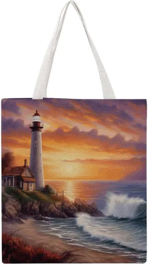 Large Grocery Bags Beach Tote Lighthouse at Sunset Shopping Bag for Women Shoulder Bag for Travel Work Handbag