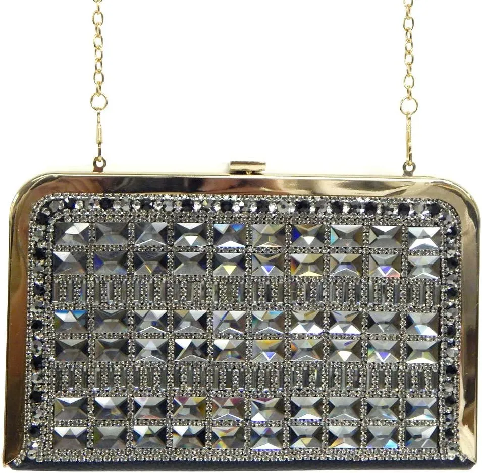 Large Slim Hard Shell Box Frame Clutch Rhinestone Minaudiere Evening Bag Detachable Shoulder Strap