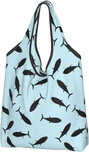 Large Tote Bag for Women - Lightweight Black tuna fish Reusable Grocery Bags Foldable, Shopping Bags for Groceries, Cloth Bags Work Beach Travel with Handles