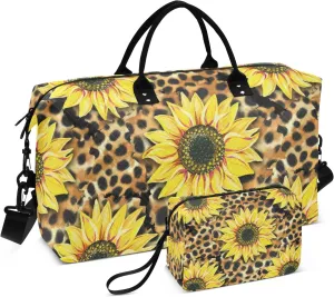 Large Travel Duffel Bag Sports Tote Gym Bag Overnight Weekender Bags Leopard Print Sunflower Carry On Luggage with Toiletry Bags