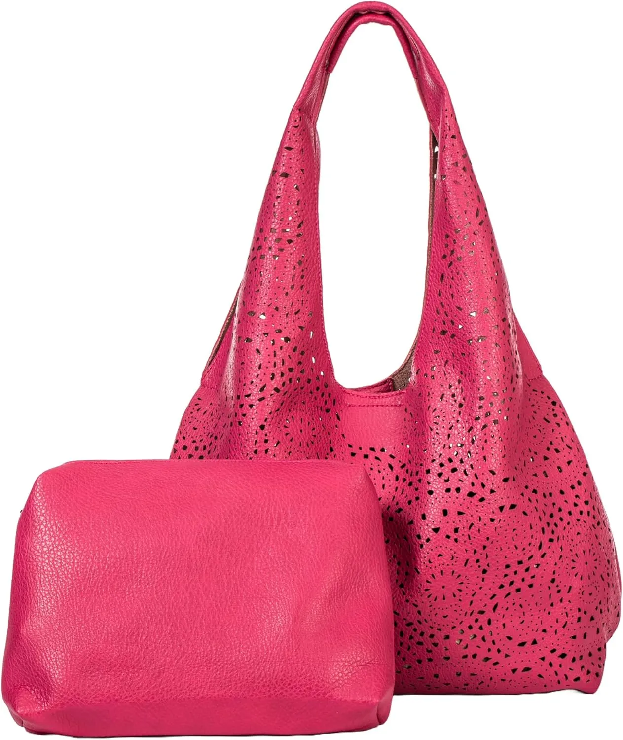 Laser Cut Faux Leather Shoulder Bag for Women – Large Summer Slouch Hobo Tote with Makeup Pouch – Lightweight – Desi