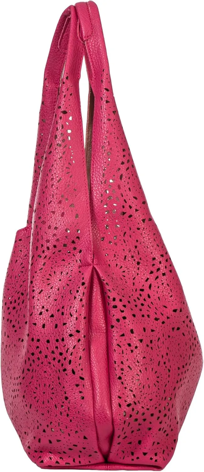 Laser Cut Faux Leather Shoulder Bag for Women – Large Summer Slouch Hobo Tote with Makeup Pouch – Lightweight – Desi