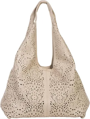 Laser Cut Faux Leather Shoulder Bag for Women – Large Summer Slouch Hobo Tote with Makeup Pouch – Lightweight – Desi