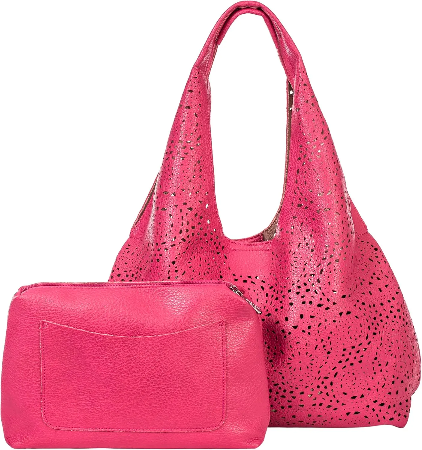 Laser Cut Faux Leather Shoulder Bag for Women – Large Summer Slouch Hobo Tote with Makeup Pouch – Lightweight – Desi