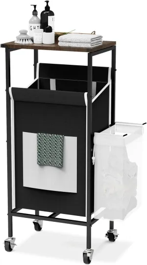 Laundry Hamper with Lid, Rolling Basket with Wheels, Metal Frame Sorter with Top Shelf and Removable Bags, Large Room Organizer (Black)