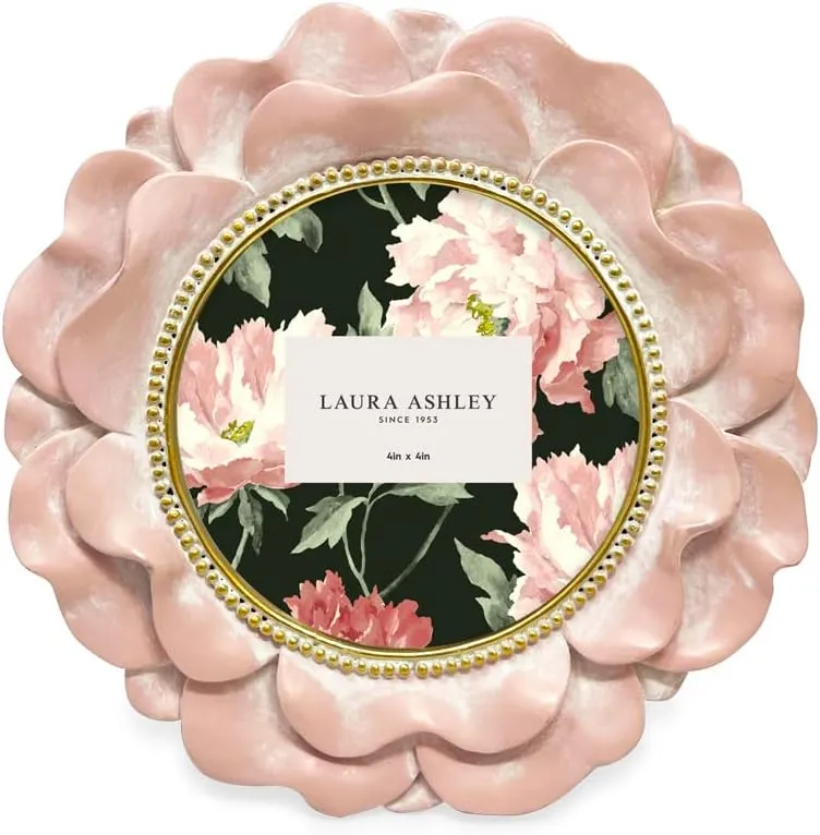 Laura Ashley 4x4 Pink with Gold Round Resin Ornate Flower Design Picture Frame with Beaded Border, for Tabletop and Wall Display, Floral Home Décor (Pink with Gold)