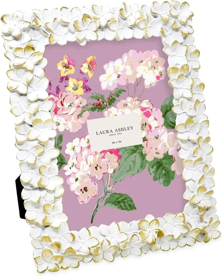 Laura Ashley 5x7 White & Gold Flower Textured Hand-Crafted Resin Picture Frame w/Easel & Hook for Tabletop & Wall Display, Decorative Floral Design Home Décor, Photo Gallery, Art (5x7, White/Gold)