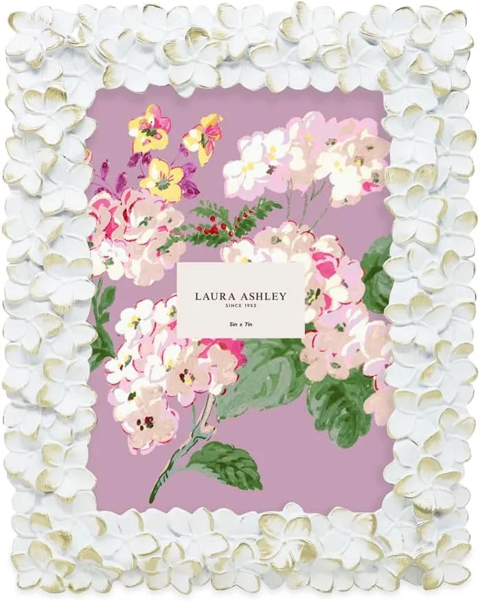 Laura Ashley 5x7 White & Gold Flower Textured Hand-Crafted Resin Picture Frame w/Easel & Hook for Tabletop & Wall Display, Decorative Floral Design Home Décor, Photo Gallery, Art (5x7, White/Gold)