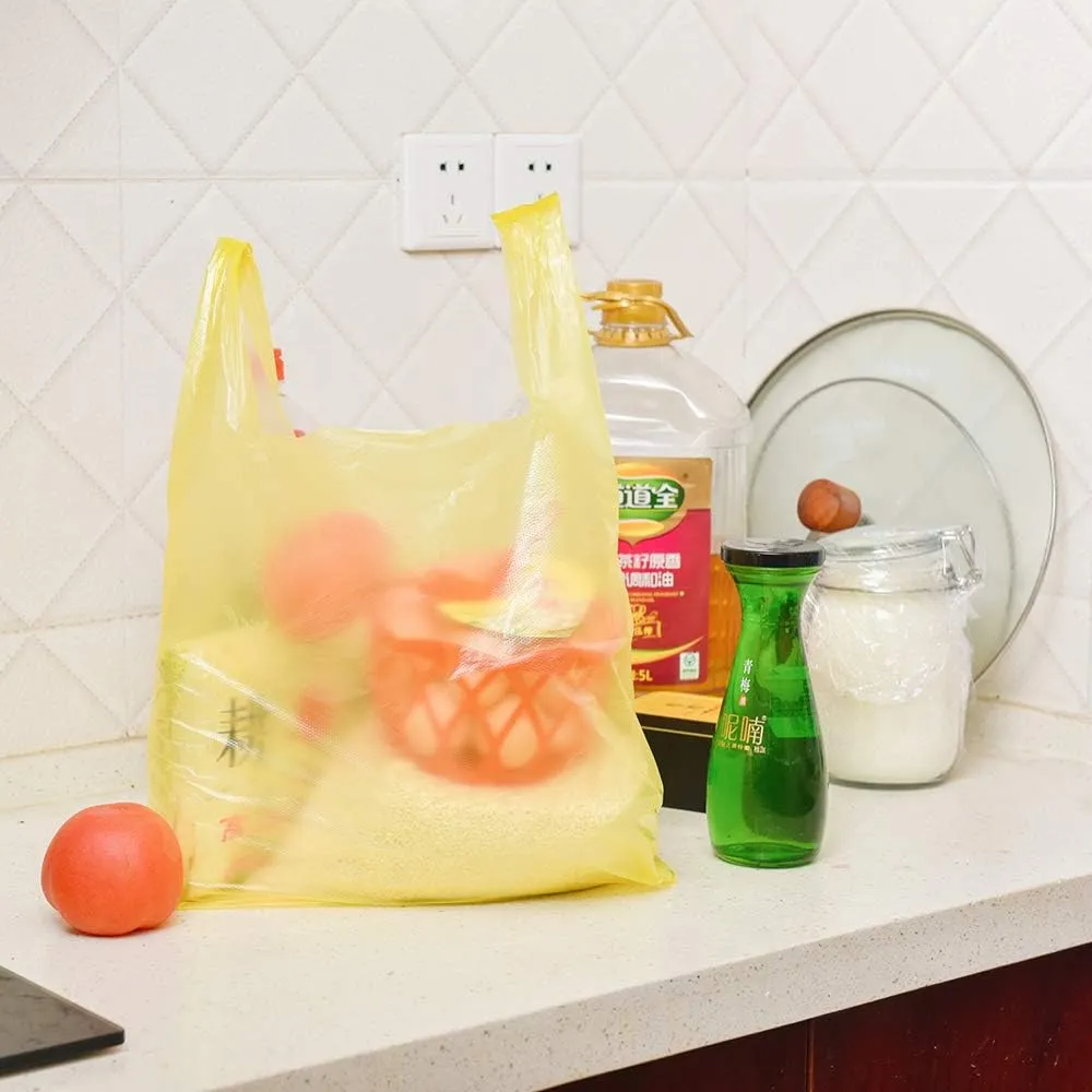 LazyMe T Shirt Bags, Plastic Bags with Handles for Grocery and Retail Shopping, Bolsas De Plastico Para Negocio, 12x20 Inch (Yellow, 200pcs)