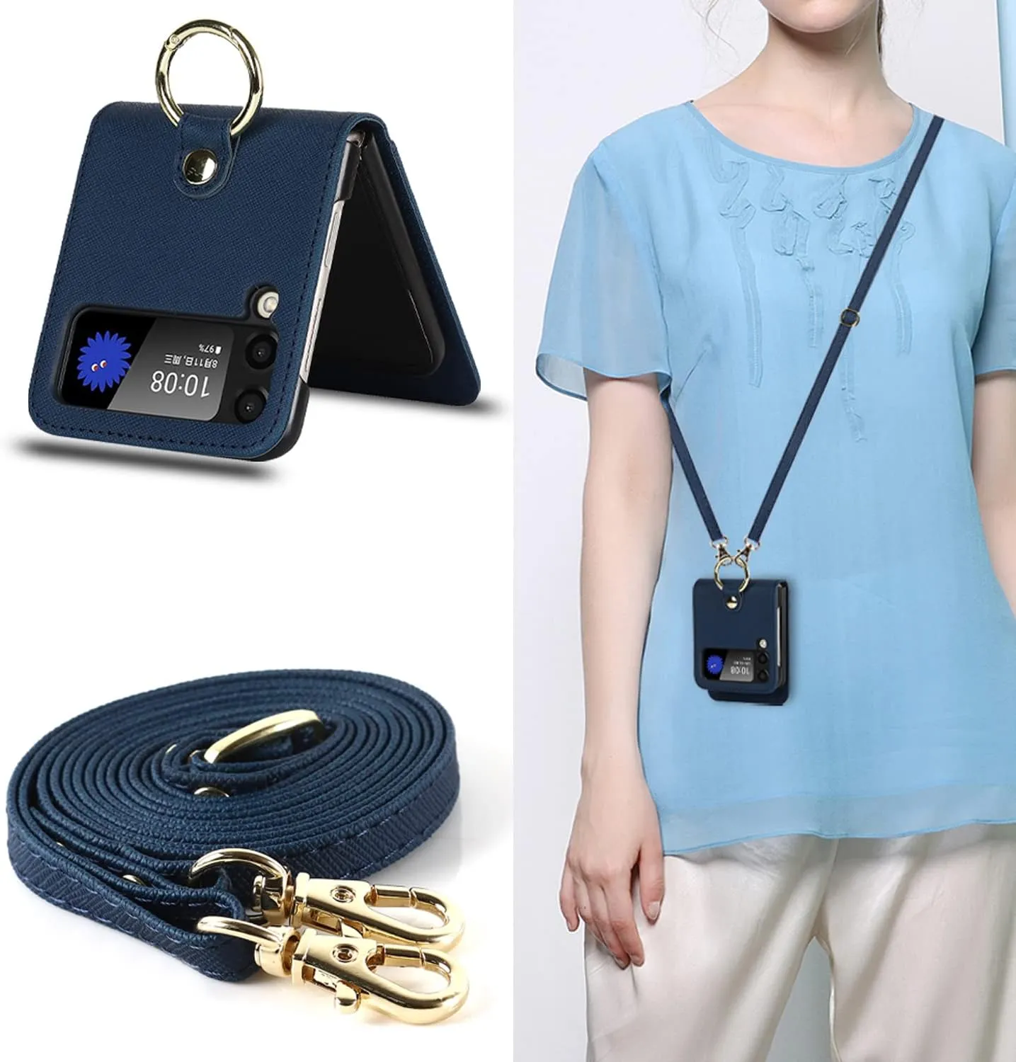 LBYZCASE Case for Galaxy Z Flip 3 5G,Samsung Z Flip 3(2021) Leather Wallet Case,Adjustable Crossbody Lanyard Durable Card Slots Ultra Slim Luxury Cover for Samsung Galaxy Z Flip 3(Blue)