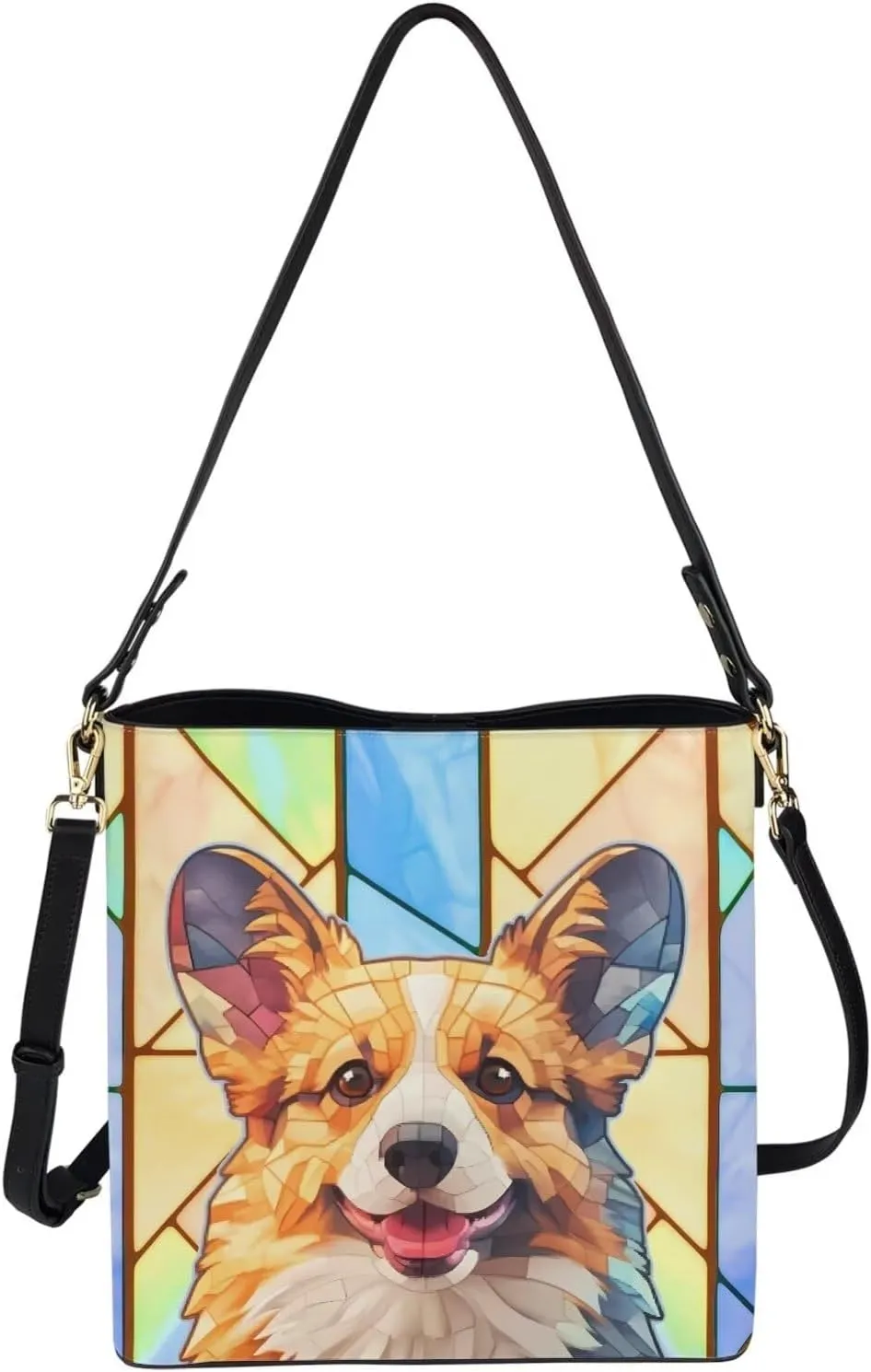 Leather Bucket Bags for Women Boho Mosaic Folk Art Hobo Bags Shoulder Tote Purse Handbags with Adjustable Strap