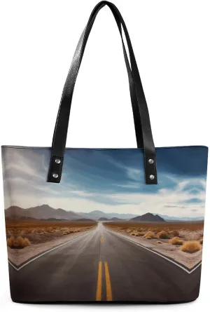 Leather Lady's Handbag,Desert Landscape Highway Print Work Handbags,Tote Bags for Women,Shoulder Hobo Handbags,Casual Tote Bag