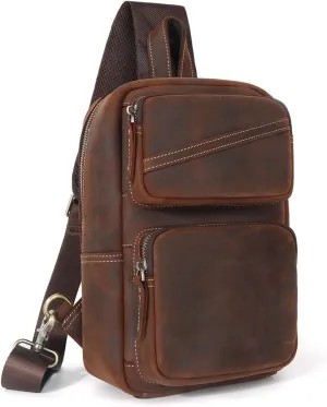 Leather Sling Bag for Men,Chest Bag Shoulder Bag Crossbody Bag Travel Backpack Hiking Daypack(Dark Brown)