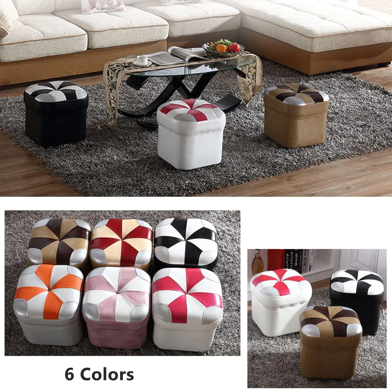 Leather Square Ottoman Petaloid Foot Rest for Living Room Bedroom,Sofa Low Stool Padded Seat,Cowhide Footstool Home Decor-B-14.2 * 15Inch