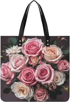 Leather Tote Shoulder Handbag Cute Rose Mix Leopard Tote Bag for Woman Shopping Bags for Work Travel