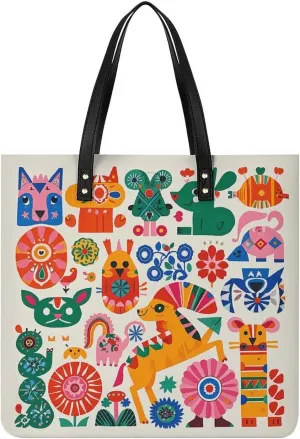 Leather Tote Shoulder Handbag Mexican Otomi Animals Tote Bag for Woman Shopping Bags for Work Travel