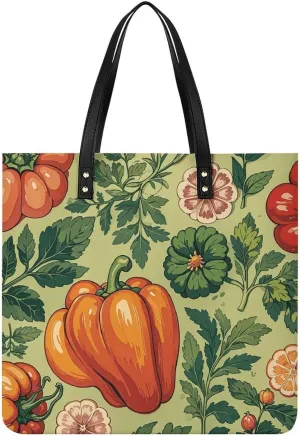 Leather Tote Shoulder Handbag Vegetable And Herb Tote Bag for Woman Shopping Bags for Work Travel