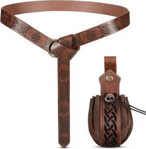 Leifide 2 Pcs Medieval Viking Belt Renaissance Pouch Medieval Leather Belt Pouch Bag Embossed Renaissance Costume Accessories(Brown,Retro)