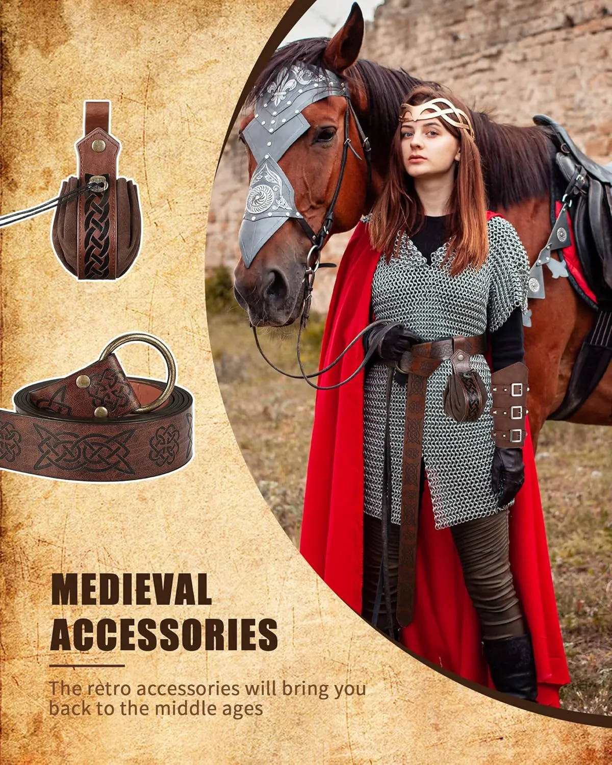 Leifide 2 Pcs Medieval Viking Belt Renaissance Pouch Medieval Leather Belt Pouch Bag Embossed Renaissance Costume Accessories(Brown,Retro)