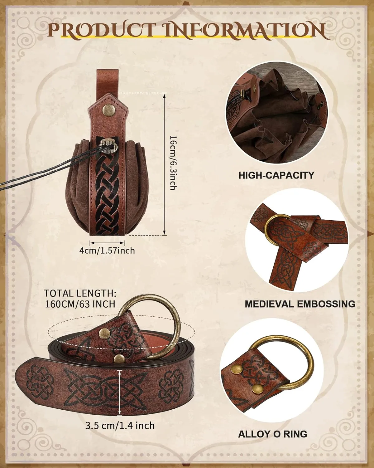 Leifide 2 Pcs Medieval Viking Belt Renaissance Pouch Medieval Leather Belt Pouch Bag Embossed Renaissance Costume Accessories(Brown,Retro)