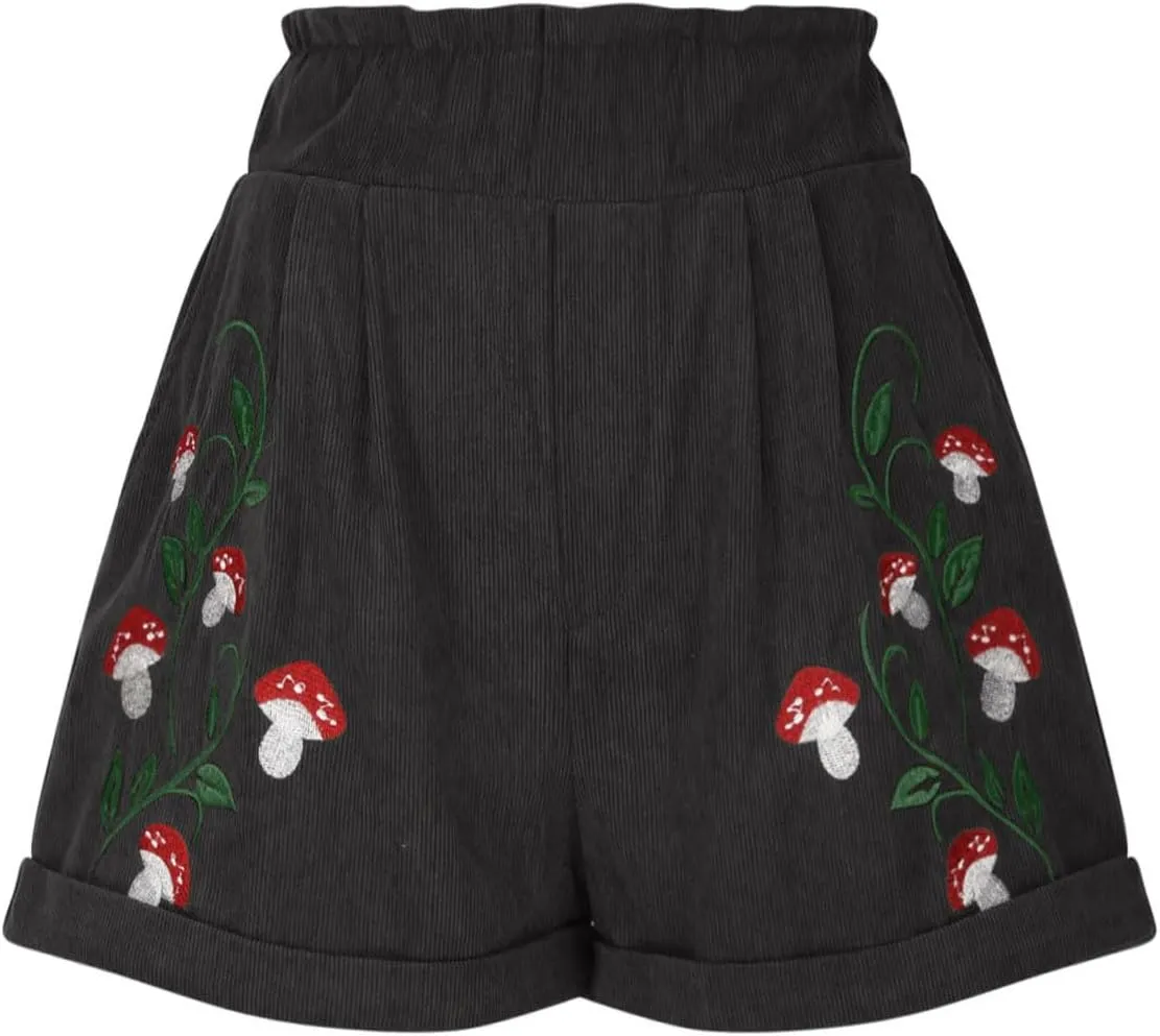 LFEOOST Women's Mushroom Embroidery Corduroy Shorts Fashion Paperbag Waist Elastic Waist Summer Loose Wide Leg Casual Shorts