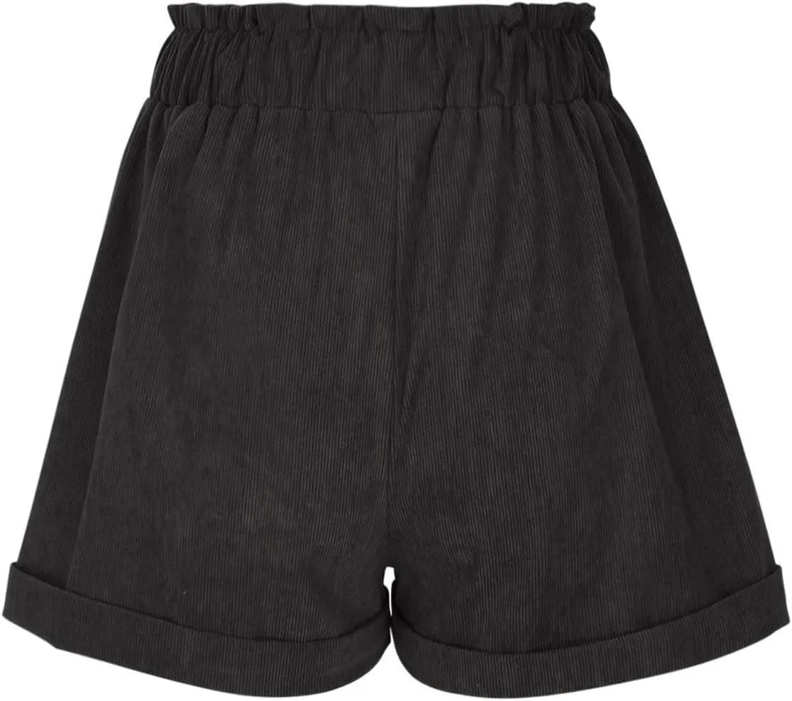 LFEOOST Women's Mushroom Embroidery Corduroy Shorts Fashion Paperbag Waist Elastic Waist Summer Loose Wide Leg Casual Shorts