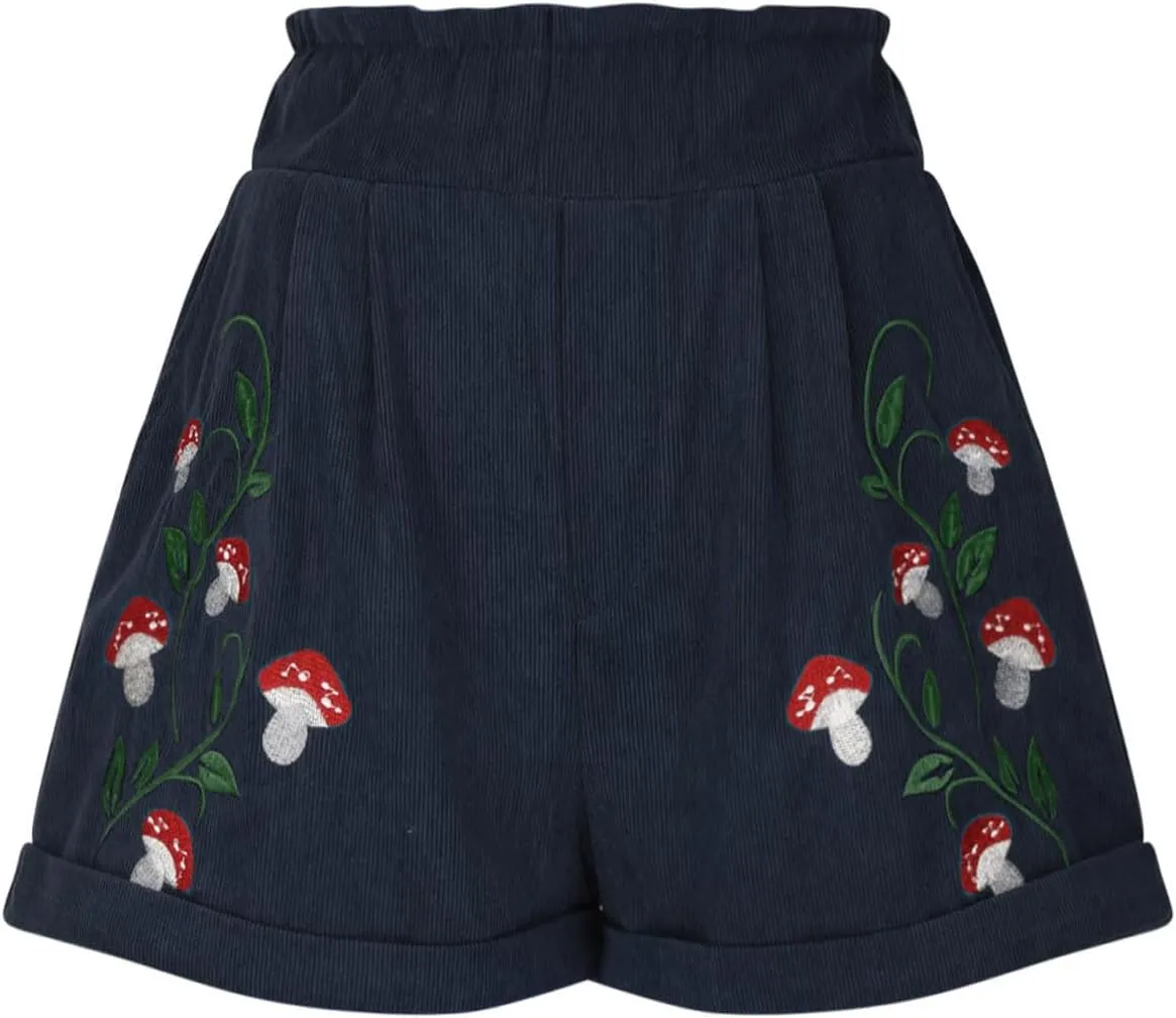 LFEOOST Women's Mushroom Embroidery Corduroy Shorts Fashion Paperbag Waist Elastic Waist Summer Loose Wide Leg Casual Shorts