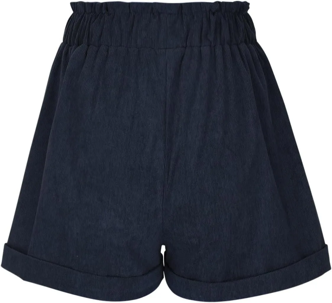 LFEOOST Women's Mushroom Embroidery Corduroy Shorts Fashion Paperbag Waist Elastic Waist Summer Loose Wide Leg Casual Shorts