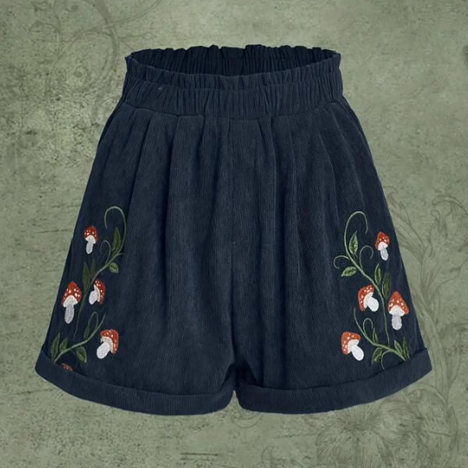 LFEOOST Women's Mushroom Embroidery Corduroy Shorts Fashion Paperbag Waist Elastic Waist Summer Loose Wide Leg Casual Shorts