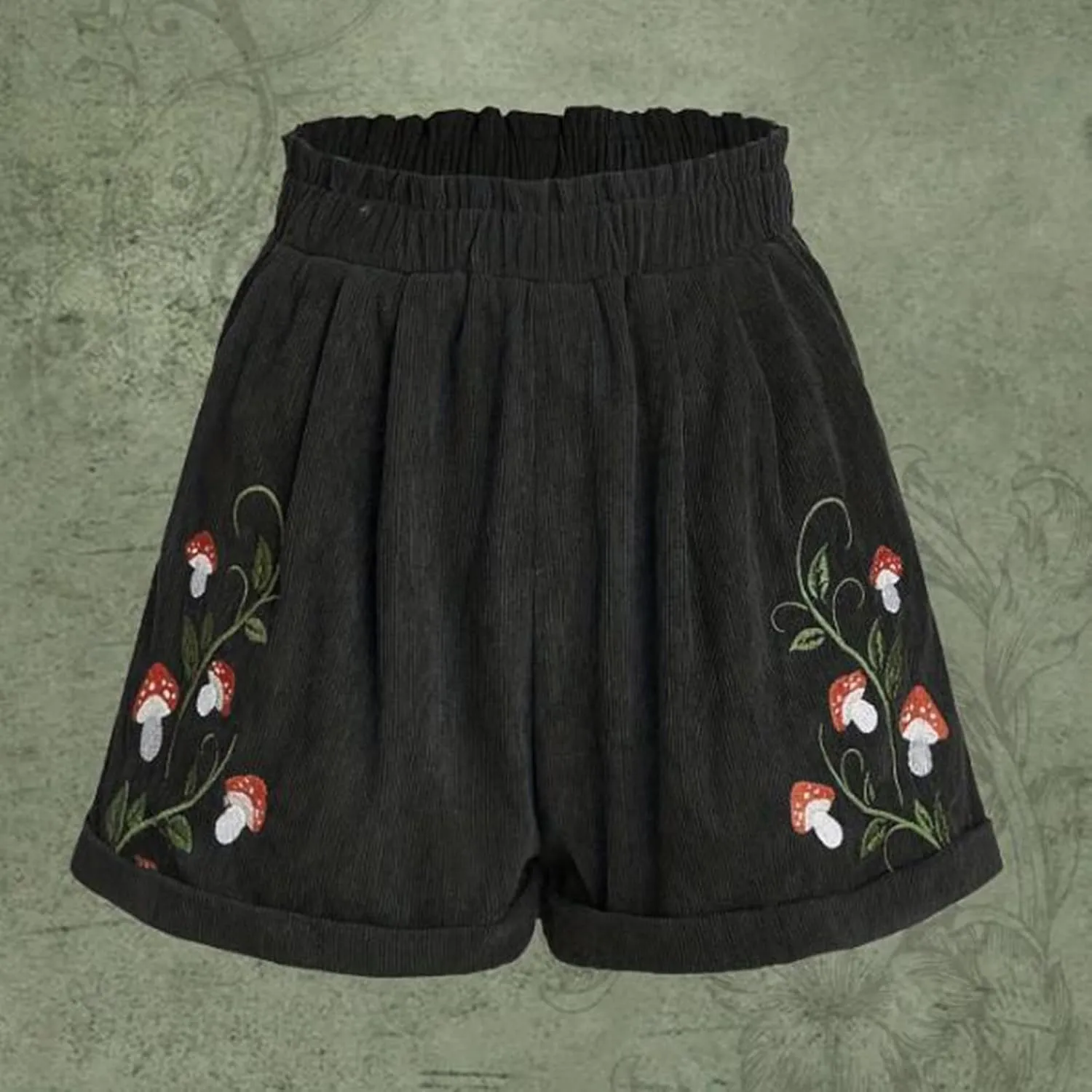LFEOOST Women's Mushroom Embroidery Corduroy Shorts Fashion Paperbag Waist Elastic Waist Summer Loose Wide Leg Casual Shorts