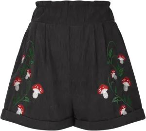 LFEOOST Women's Mushroom Embroidery Corduroy Shorts Fashion Paperbag Waist Elastic Waist Summer Loose Wide Leg Casual Shorts