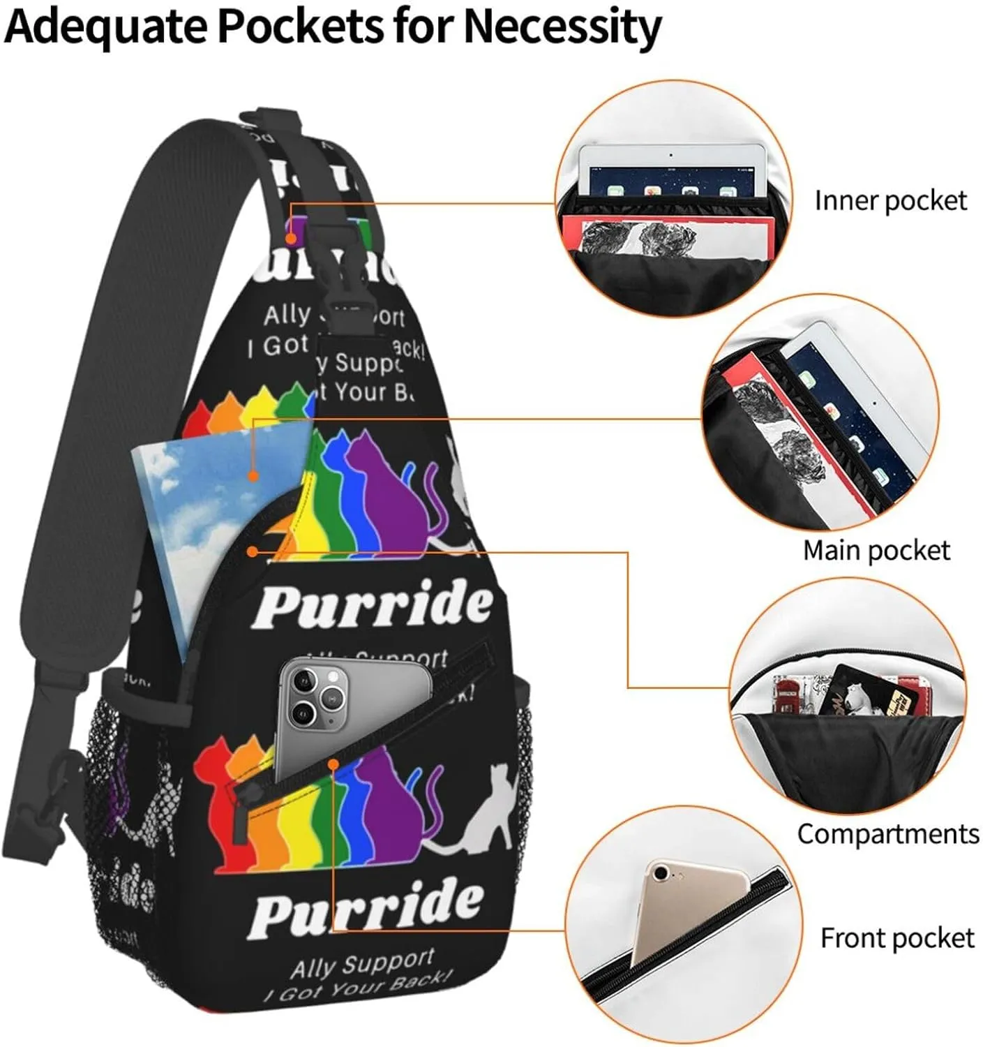 Lgbt Pride Rainbow Gay Cats Purride Ally Support I Got Your Back Chest Sling Bag Crossbody Shoulder Backpack Bag Gym Cycling Daypack Travel Hiking Cross Bag