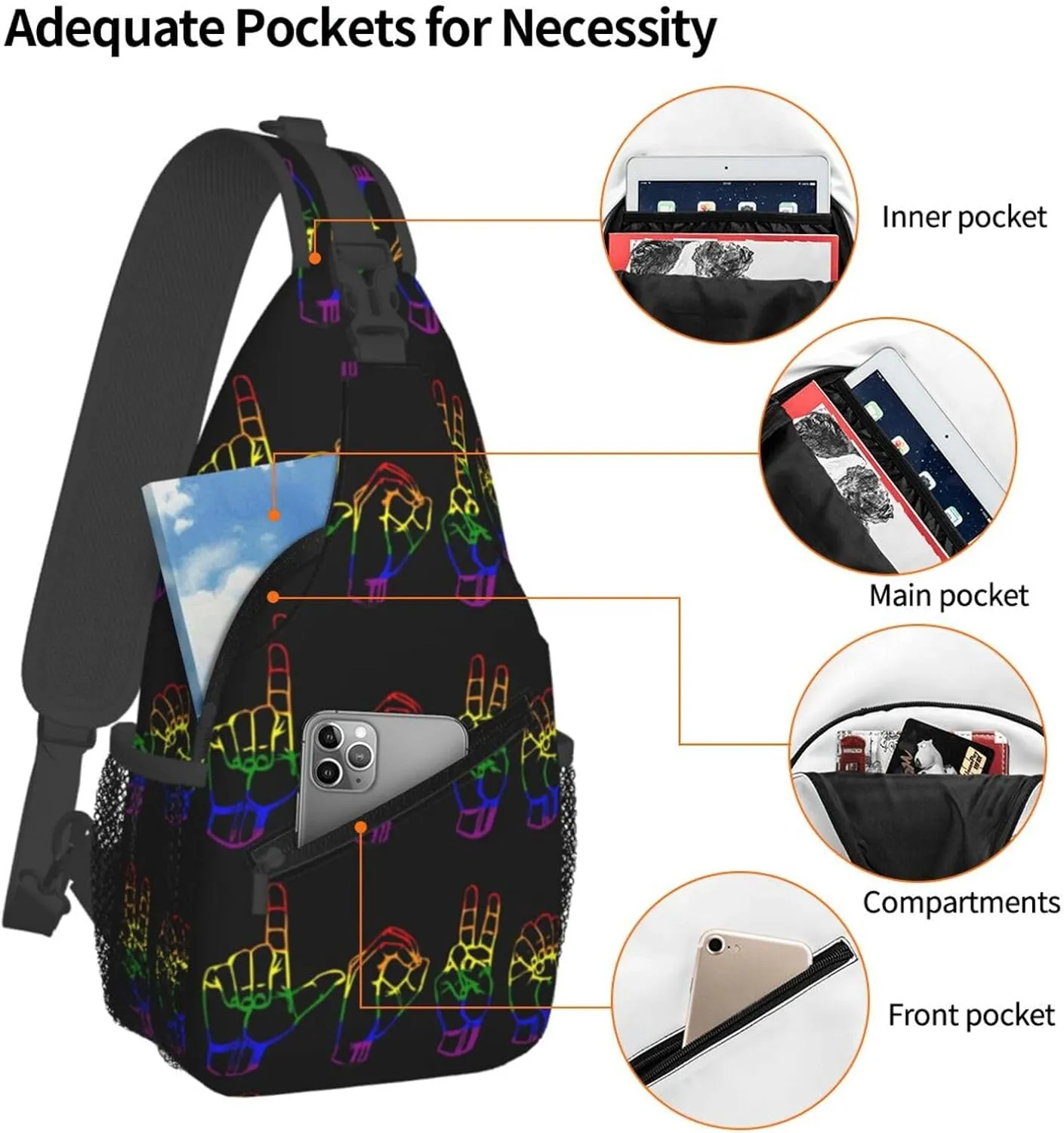 Lgbt Pride Rainbow Gay Lesbian Love Finger Gesture Chest Sling Bag Crossbody Shoulder Backpack Bag Gym Cycling Daypack Travel Hiking Cross Bag