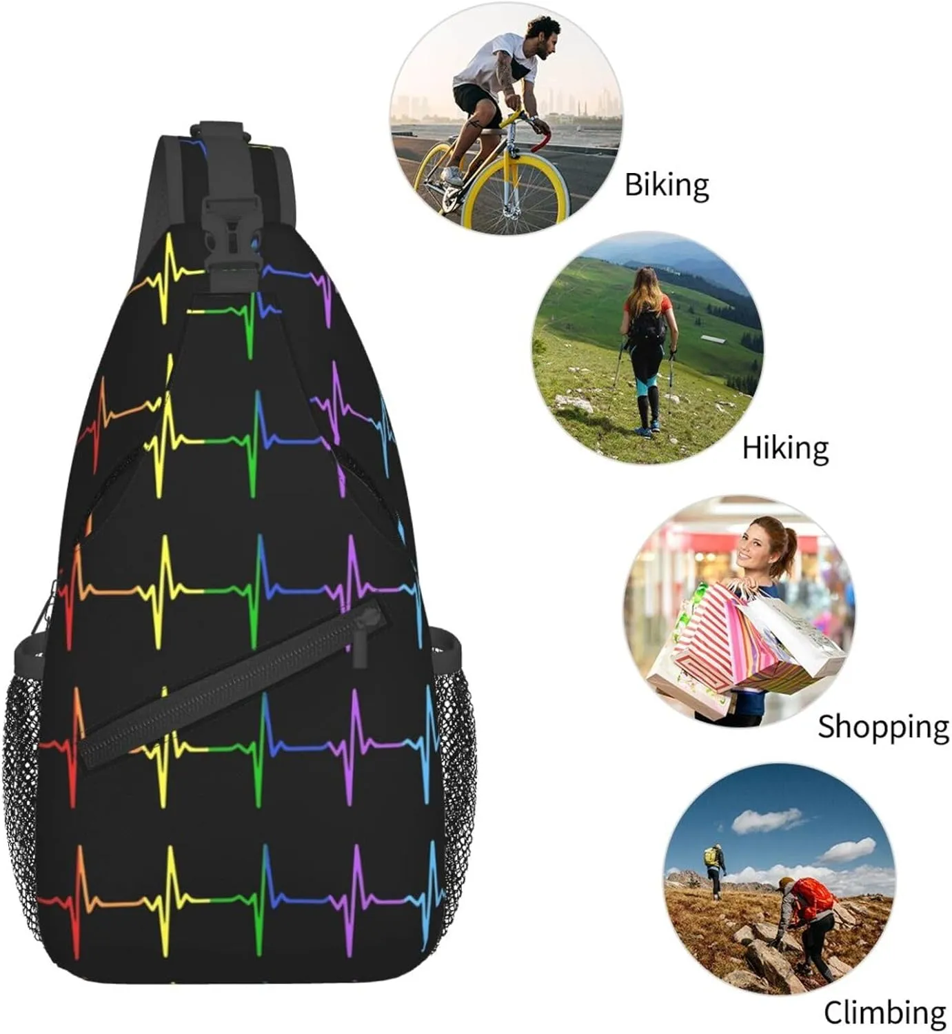 Lgbt Pride Rainbow Gay Pulse Heartbeat Electrocardiogram Chest Sling Bag Crossbody Shoulder Backpack Bag Gym Cycling Daypack Travel Hiking Cross Bag